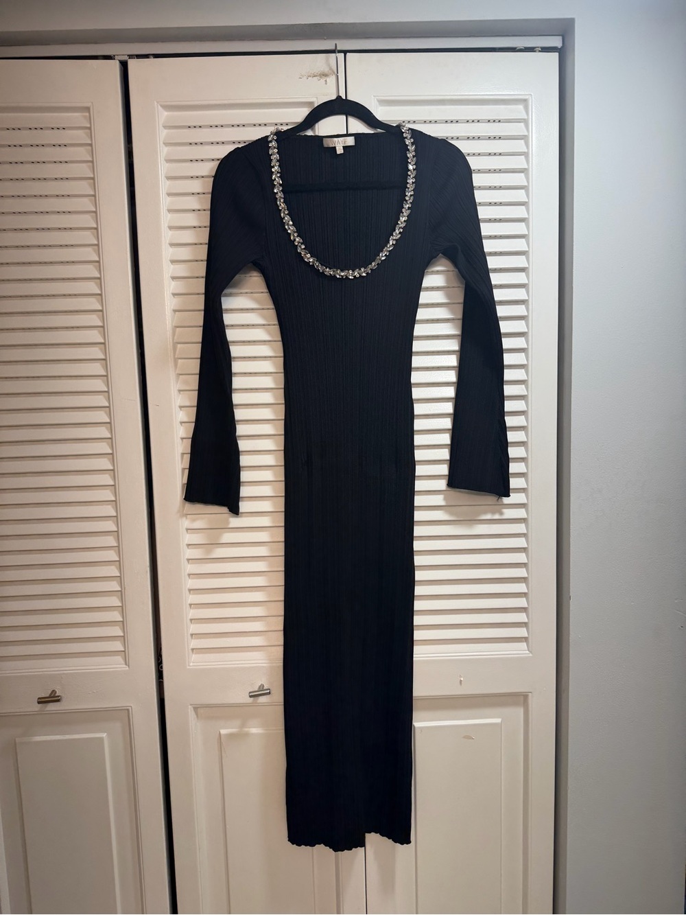 Wayf Black Ribbed Long-Sleeve Maxi Dress with Jeweled Neckline